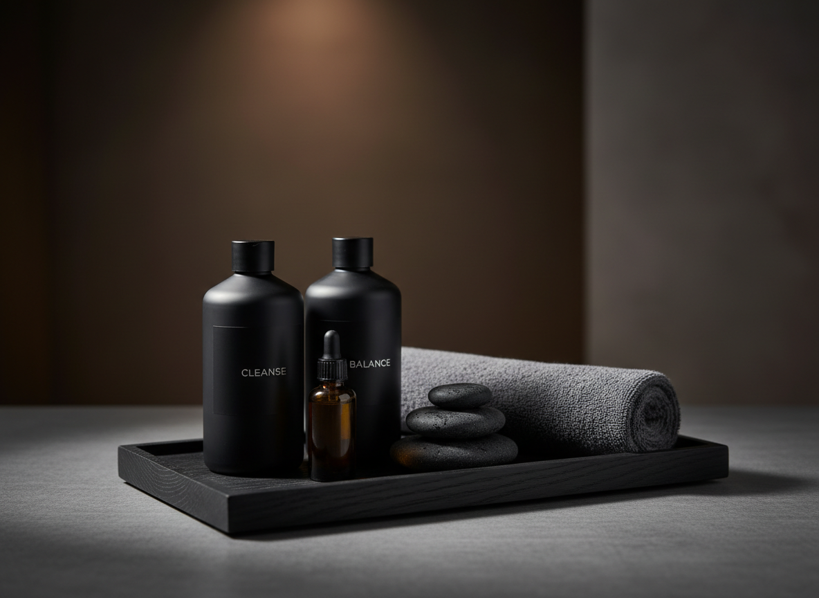 A close-up, photographic realistic still life of spa essentials curated for a refined male-focused studio: heavy, matte black glass bottles with minimalist silver labels, a dark amber oil vial, smooth basalt massage stones, and a neatly folded, thick charcoal cotton towel. They rest on a low, blackened oak tray on top of a stone-textured counter in cool gray tones. Soft, warm spotlighting from above creates gentle reflections on the glass, subtle highlights on the stones, and rich shadows underneath. The background falls into a tasteful blur of deep browns and grays, suggesting an upscale interior. Shot at a slight three-quarter angle, the composition feels deliberate, modern, and impeccably styled, evoking sophistication and sensory indulgence.