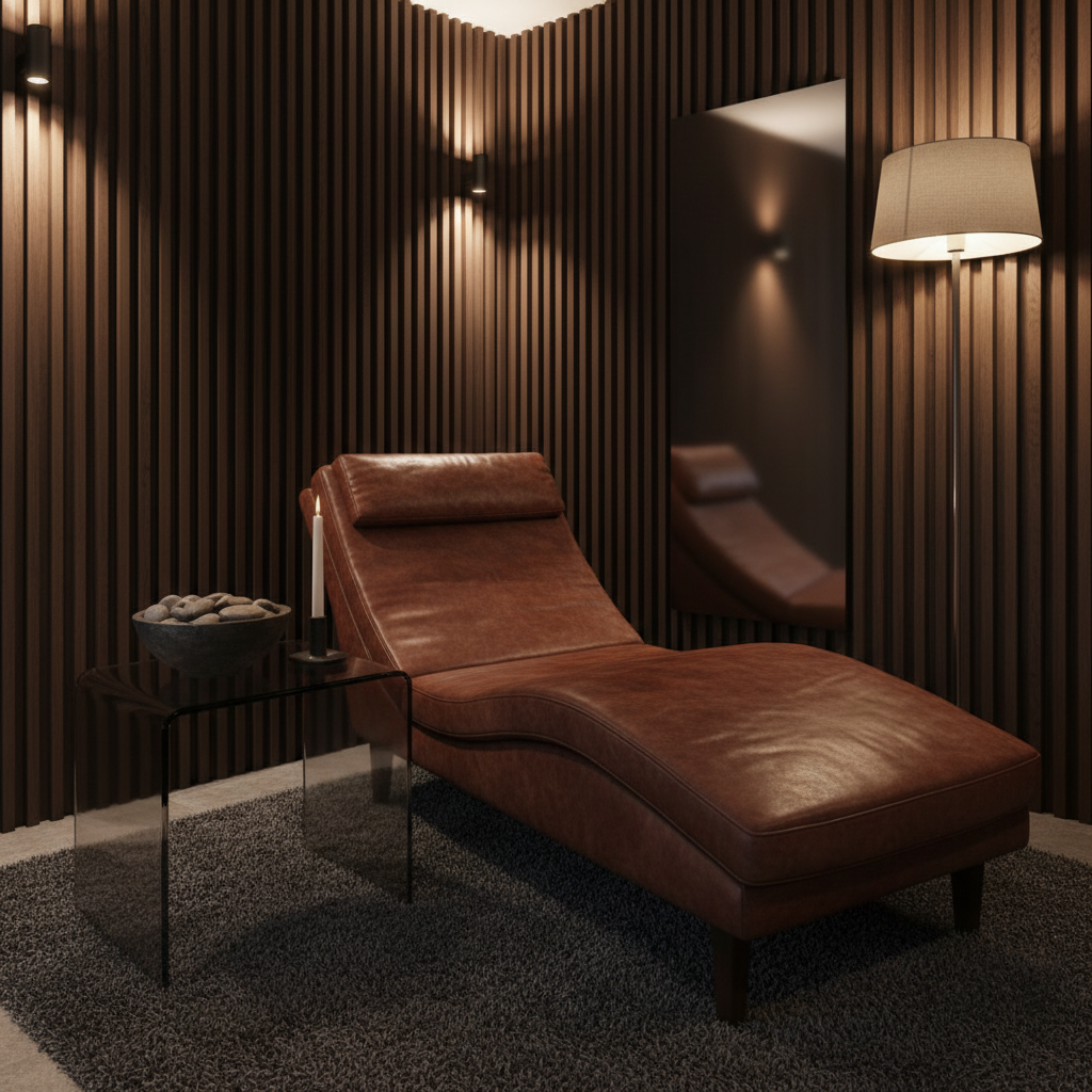 An inviting spa lounge corner tailored to a masculine retreat, showcasing a deep cognac leather chaise with visible natural grain and subtle creasing, positioned beside a low, smoked-glass side table holding a dark ceramic bowl filled with smooth river stones and a single minimalist candle. The walls are lined with vertical dark wood slats, and a textured charcoal rug grounds the space. Warm, indirect lighting from concealed wall sconces and a floor lamp creates a gentle, enveloping glow, emphasizing the leather’s sheen. Photographic realism from a slightly elevated angle, using rule-of-thirds composition, with a shallow depth of field that blurs the distant wall, conveying quiet strength, privacy, and refined comfort.