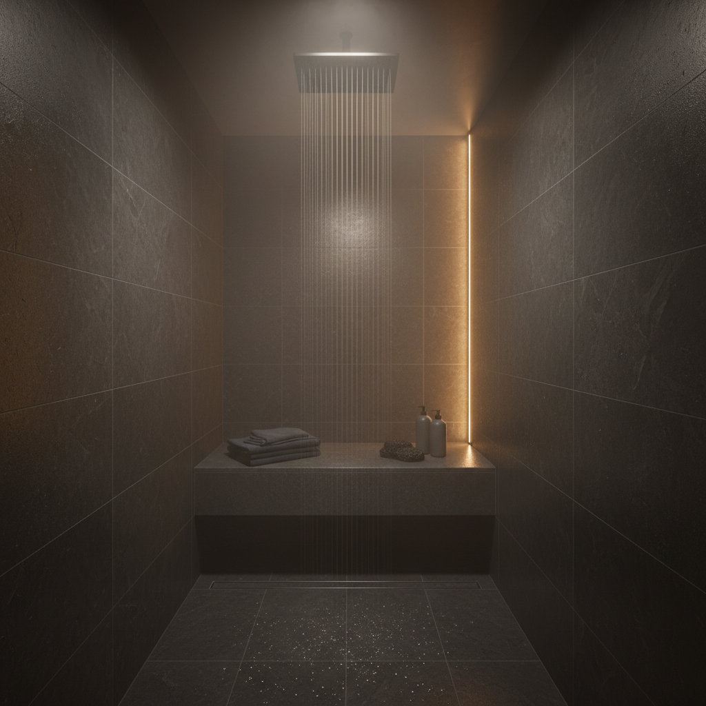 A sophisticated spa shower suite designed as a masculine sanctuary, featuring floor-to-ceiling charcoal stone tiles with a slight natural shimmer, a wide rainfall showerhead in brushed black metal, and a built-in bench of smooth, dark limestone. On the bench rests a folded slate towel, a black pumice stone, and a minimalist, unlabeled matte gray body wash bottle. Steam gently fills the air, softening edges and creating a hazy, enveloping ambiance. Overhead recessed lighting and a narrow, vertical light strip in the wall cast warm, golden reflections on the wet stone. Photographic realism from a slightly low angle, with water droplets in crisp focus on the foreground tiles and the background softly diffused, conveying privacy, power, and deep release.