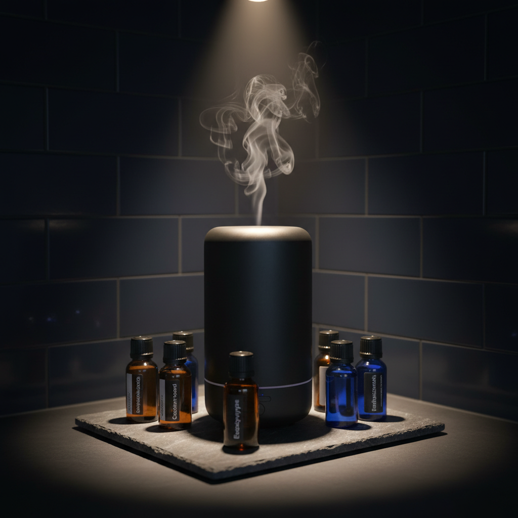 A serene, dimly lit aromatherapy corner in a high-end men’s spa, centered on a substantial matte black ultrasonic diffuser emitting a delicate plume of vapor. Surrounding it are small, heavy glass vials of essential oils in deep amber and cobalt, each with simple, modern labels. They rest on a honed basalt slab with subtle natural veining, set against a backdrop of dark navy wall tiles with a satin finish. A single warm spotlight from above creates dramatic highlights on the vapor, faint reflections on the glass, and moody shadows that fade into darkness. Photographic realism, shot close-up at eye level, with the diffuser in sharp focus and the bottles gradually softening into bokeh, evoking mystery, relaxation, and sensual refinement.