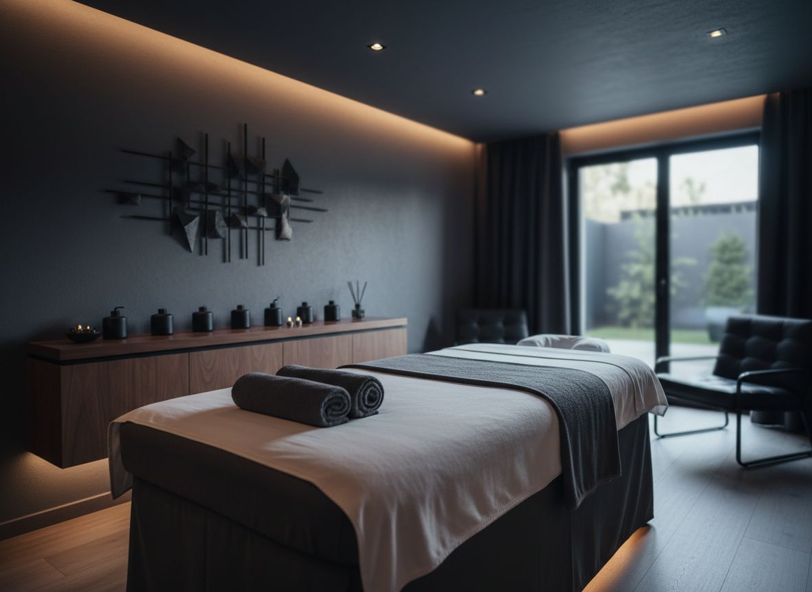 A luxurious spa treatment room designed specifically with a masculine aesthetic, featuring a wide, charcoal-gray massage table with crisp white linens, folded graphite towels, and a neatly arranged row of matte black stone oil diffusers along a walnut console. The walls are a deep slate with subtle texture, accented by a single abstract metal wall sculpture. Warm, dimmable recessed lighting and hidden LED strips cast soft highlights along the table edges and gentle shadows in the corners. Photographic realism at eye level, with a slightly shallow depth of field that keeps the room sharp while subtly blurring the far background, creating a sophisticated, calm, and private atmosphere ideal for deep relaxation.